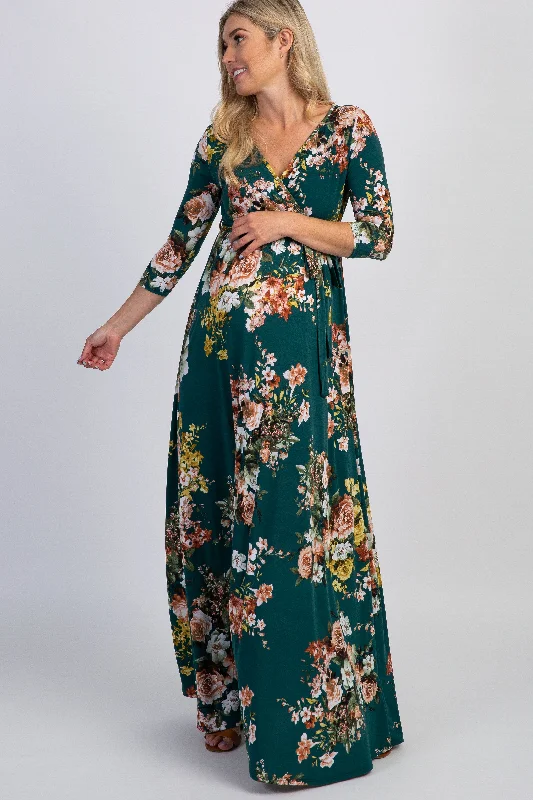 Maxi dress for a night out-PinkBlush Green Rose Print Sash Tie Maternity Maxi Dress