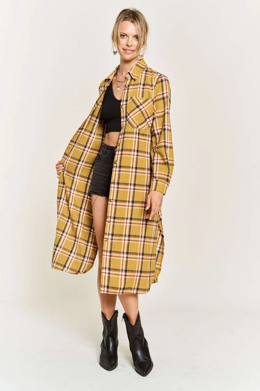 Maxi dress with draped bodice-Plaid Print Collar Long Shirt Dress Plus