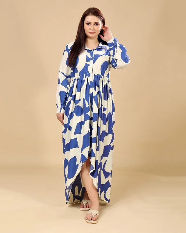 Maxi dress with halter neck-White & Blue Abstract Printed High Low Dress