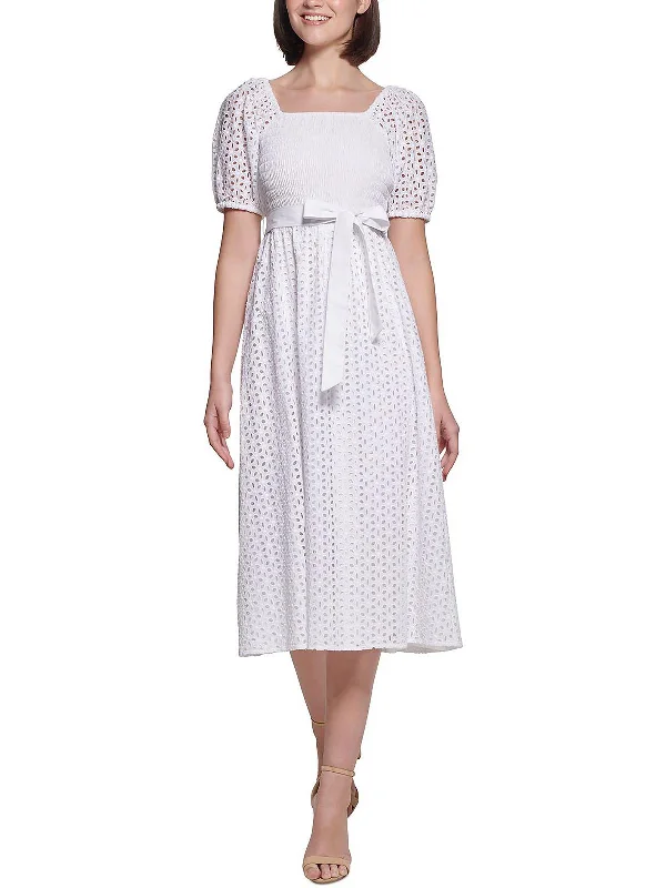 Midi dress with gingham print-Womens Eyelet Calf Midi Dress