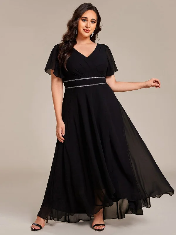 Maxi dress with open back-Yolanda | Plus Size V-Neck Rhinestone Waist Chiffon Maxi Formal Evening Dress