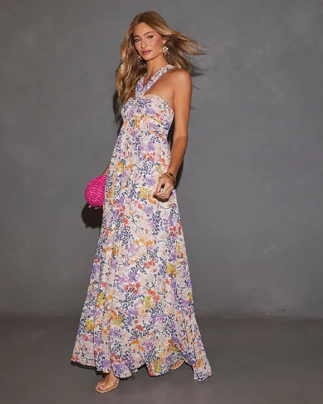 Maxi dress with adjustable straps-Aulani Halter Neck Printed Empire Maxi Dress