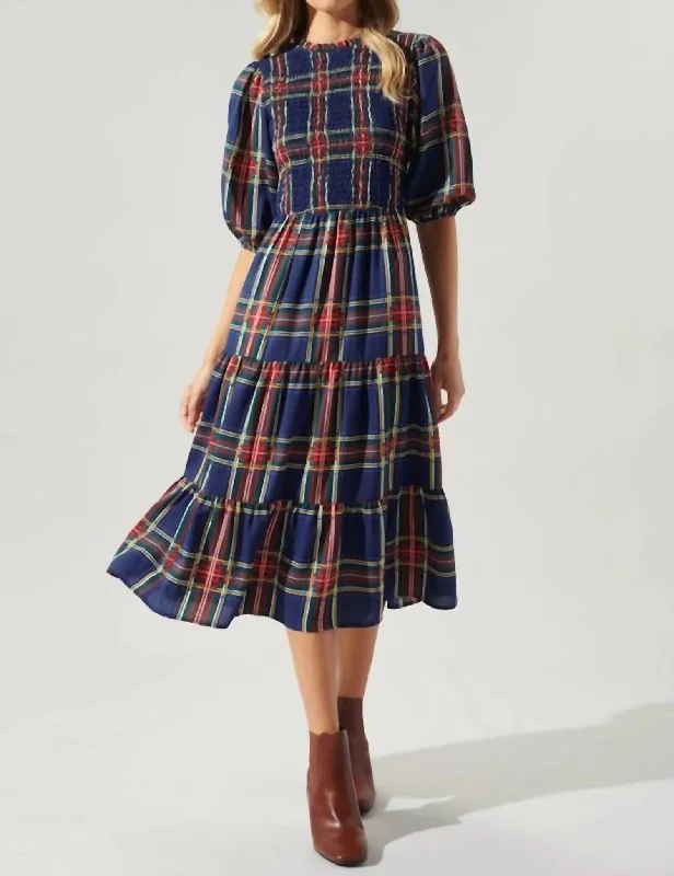 Midi dress with iridescent finish-Plaid Smocked Midi Dress In Lakeview