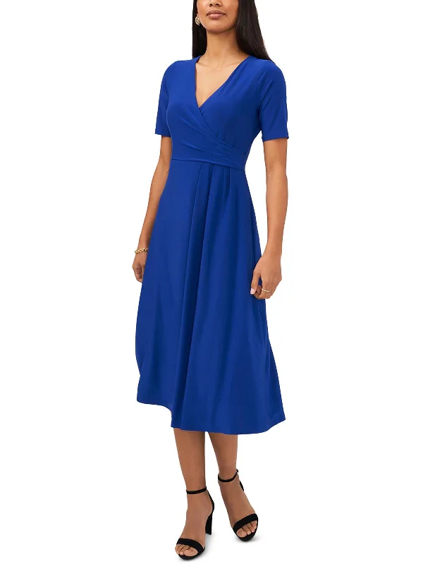 Midi dress with one shoulder-Petites Womens Surplice Mid Calf Midi Dress