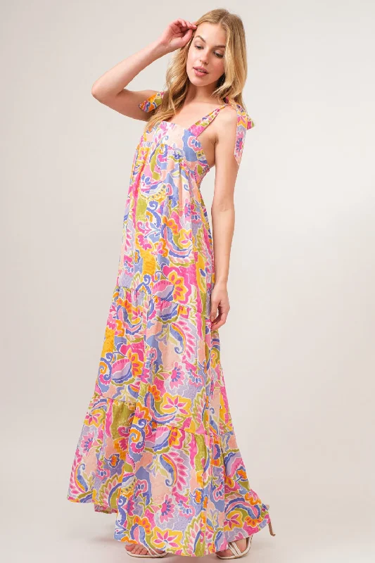 Maxi dress with modern design-And The Why Printed Tie Shoulder Tiered Maxi Dress