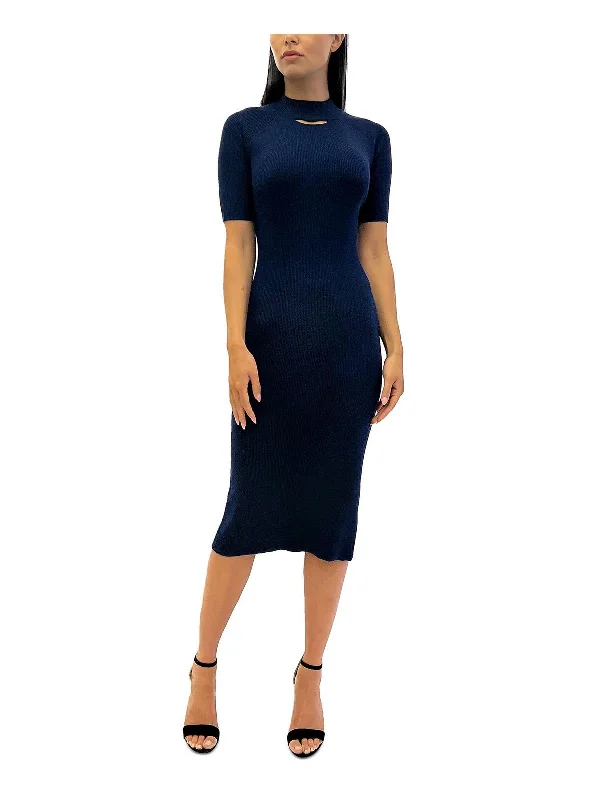 Midi dress with illusion sleeves-Womens Ribbed Knit Midi Sweaterdress