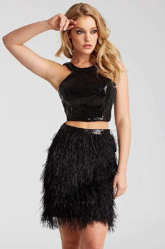 Cocktail dress with unique prints-Jovani - Two Piece Feathered Cocktail Dress 55053