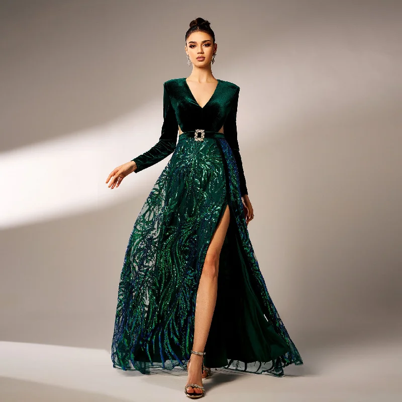 Maxi dress with tulip hem-High slit sequin long sleeve maxi dress