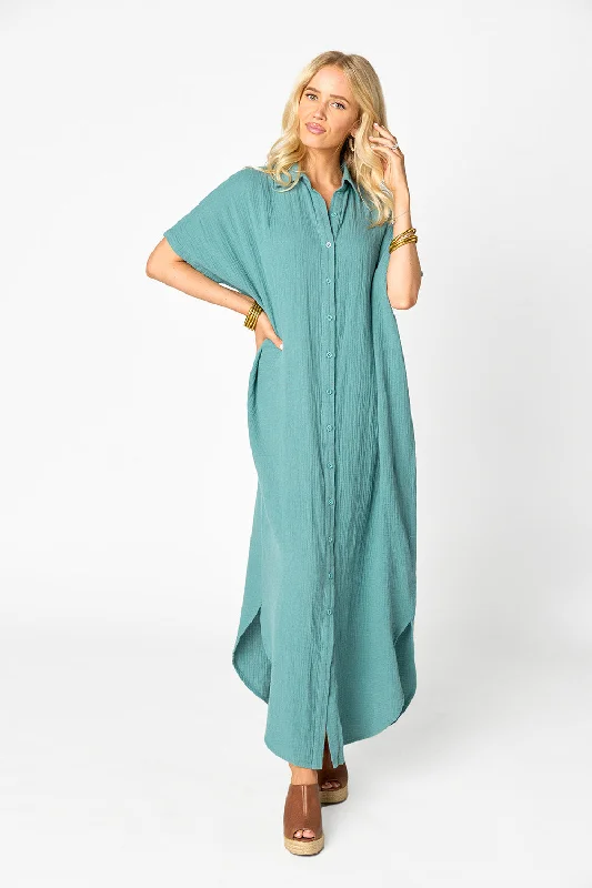 Maxi dress with elastic waistband-Carmen Cover Up Caftan Maxi Dress - Moss