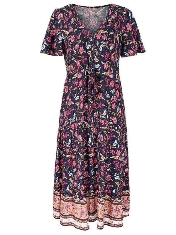 Maxi dress with tiered layers-V Neck Floral Maxi Daydress