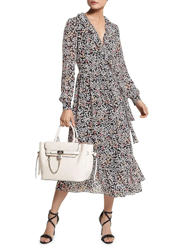 Midi dress with faux leather-Womens Floral Crepe Midi Wrap Dress