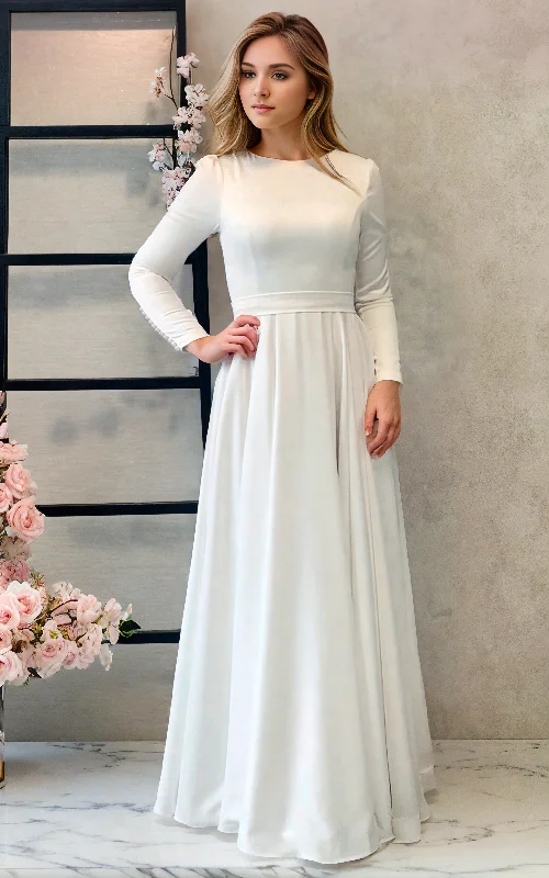 Maxi dress with tulip hem-Modest Simple Solid Elegant White A-Line Satin Maxi Wedding Dress with Button Back