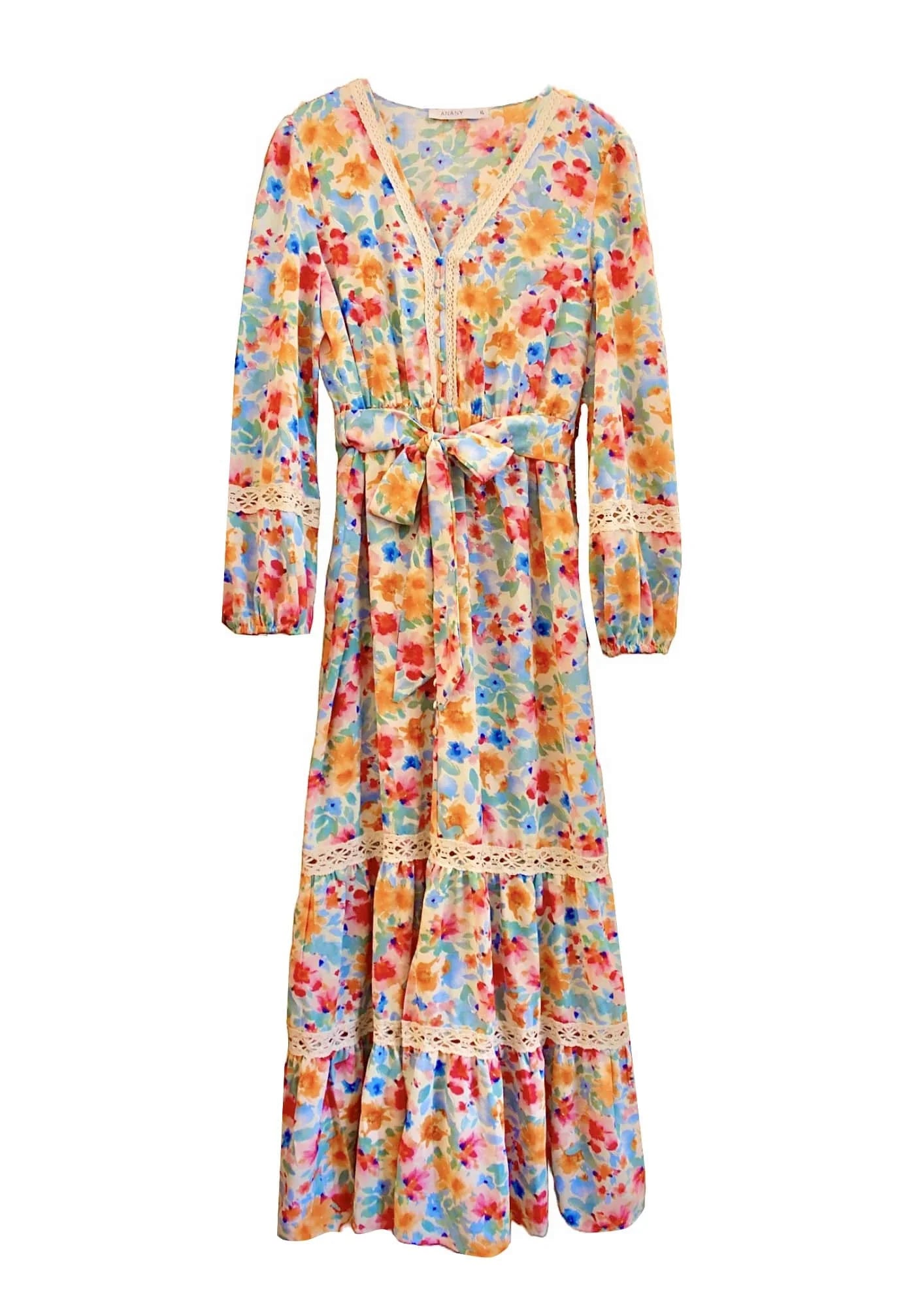 Maxi dress with geometric pattern-MULTICOLORED FLORAL MAXI DRESS