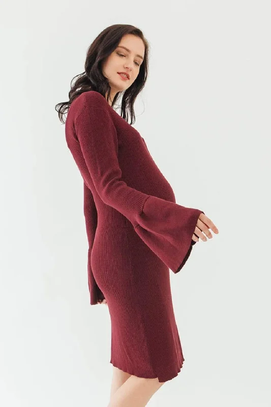 Maxi dress with zen vibes-Long Flare Sleeves Dessa Sweater Maternity Dress Wine