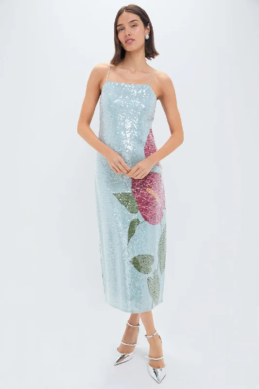 Maxi dress with patchwork design-Anthurium Flowers Blue Slip Maxi Dress