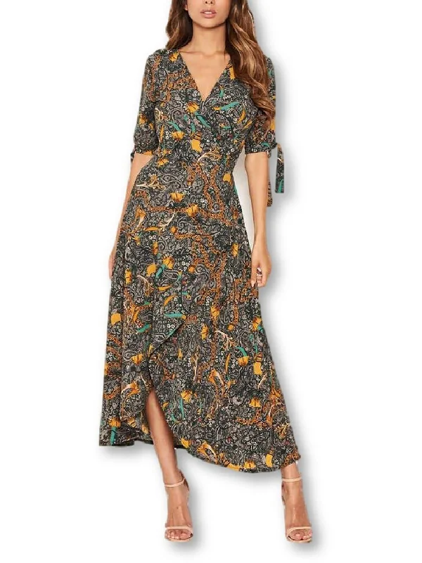 Midi dress with puff sleeves-Womens Midi Print Wrap Dress