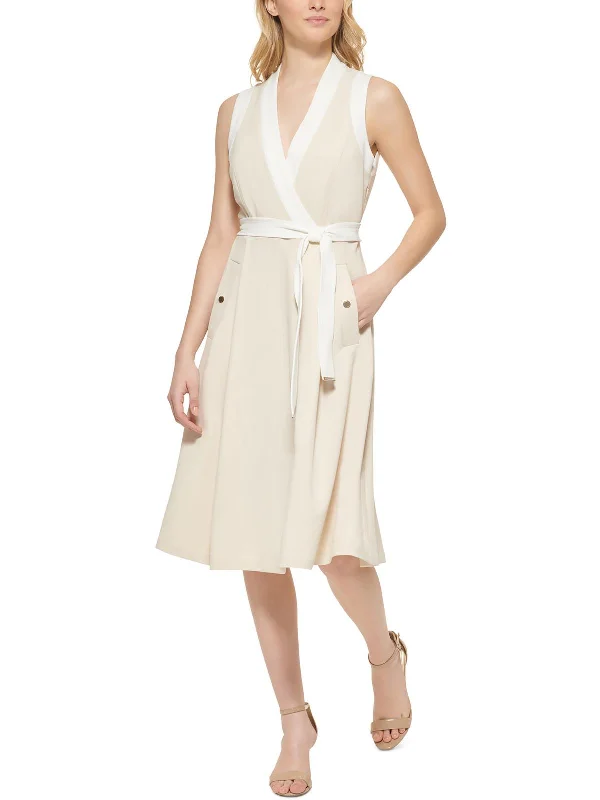 Midi dress with adjustable straps-Womens Surplice Calf Midi Dress