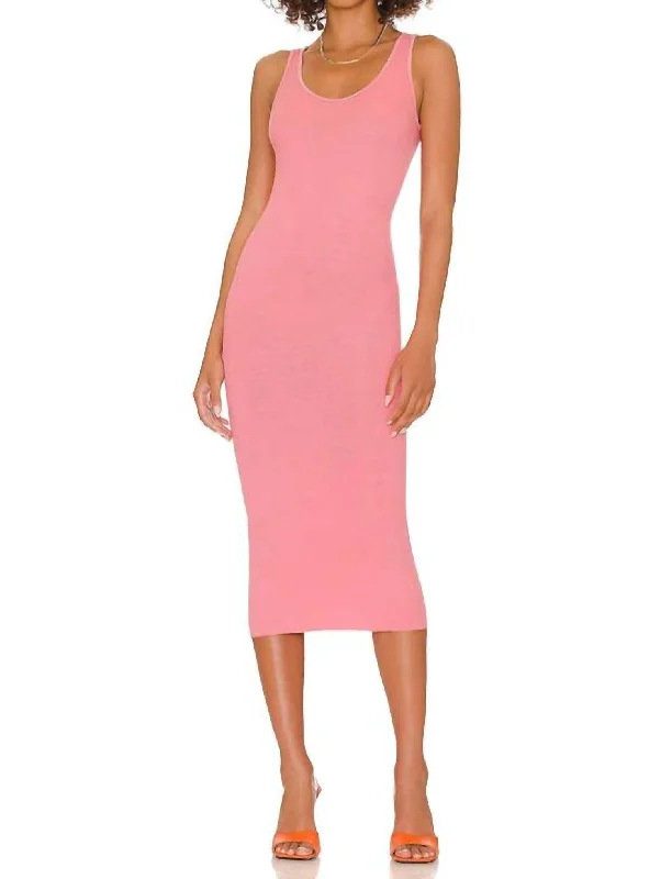 Midi dress with glam touch-Silk Rib Tank Midi Dress In Vintage Pink