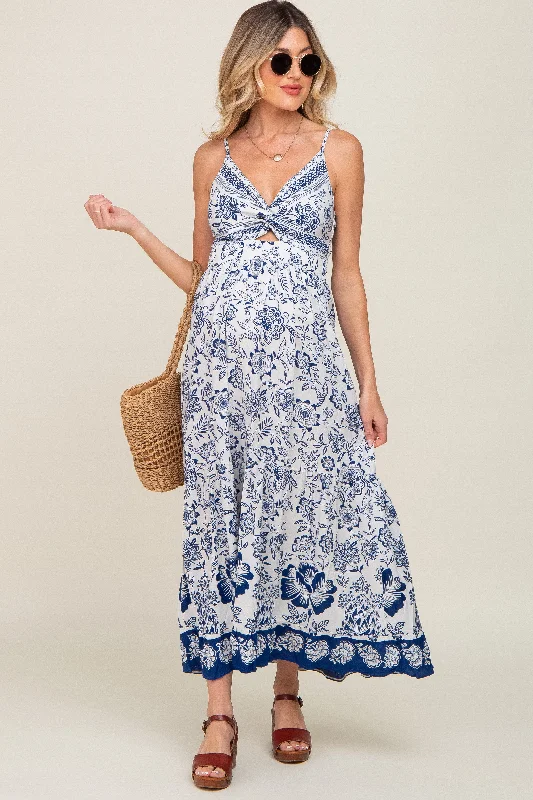 Maxi dress with wrap style-Navy Blue Floral Front Twist Maternity Maxi Dress