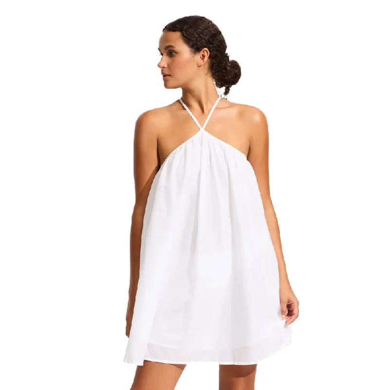 Black mini dress for parties-Seafolly Garden Party Fleur Halter Mini Dress Cover Up - White