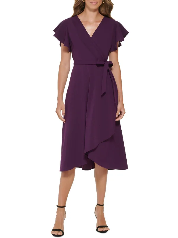 Midi dress with sweetheart neckline-Womens V-Neck Midi Wrap Dress