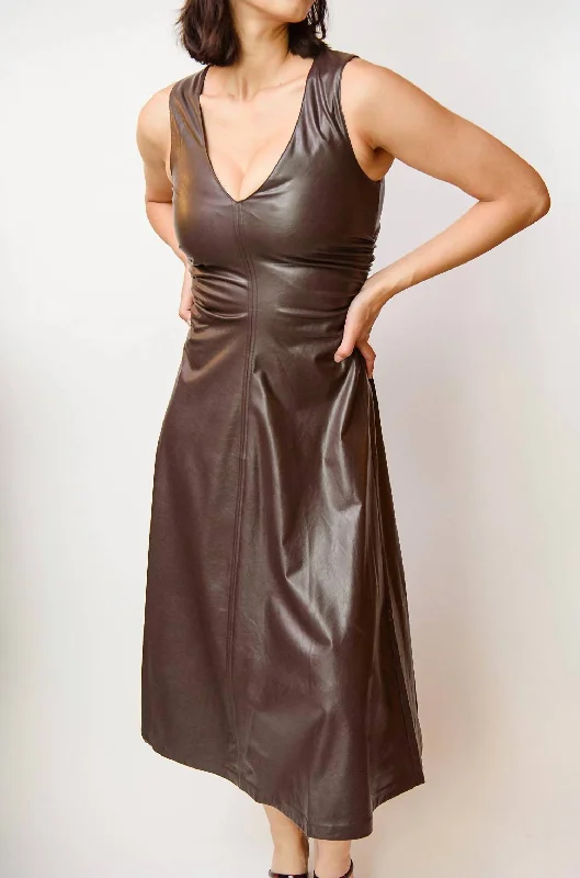 Midi dress for a night out-Sabal Faux Leather Midi Dress In Chocolate