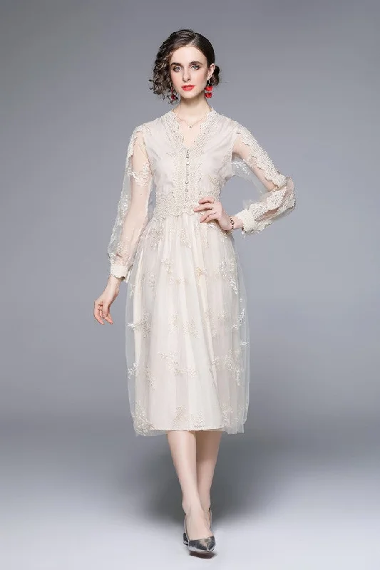 Midi dress with puff sleeves-Apricot Evening A-line V-neck Long Sleeve Midi Lace Dress