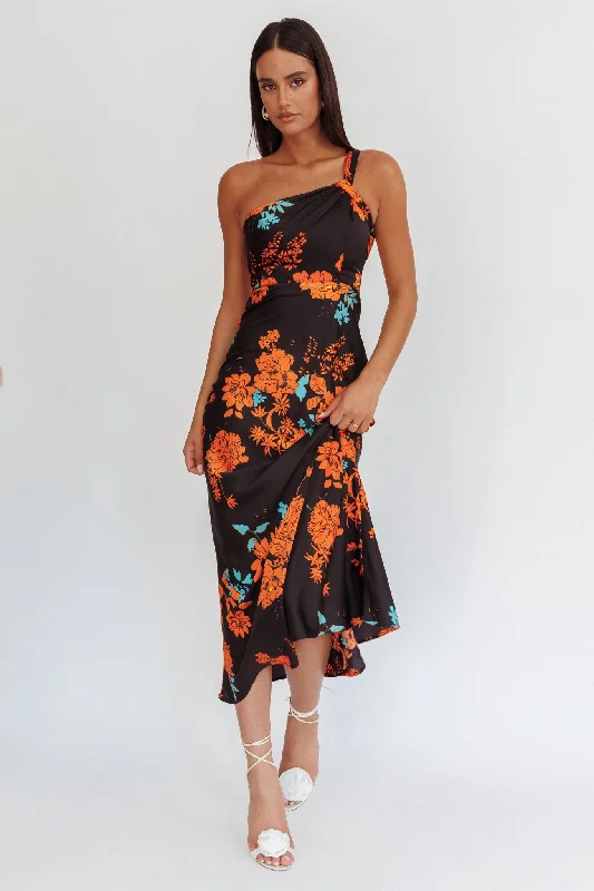 Maxi dress with smocked bodice-Fly Love Satin One Shoulder Maxi Dress Floral Black