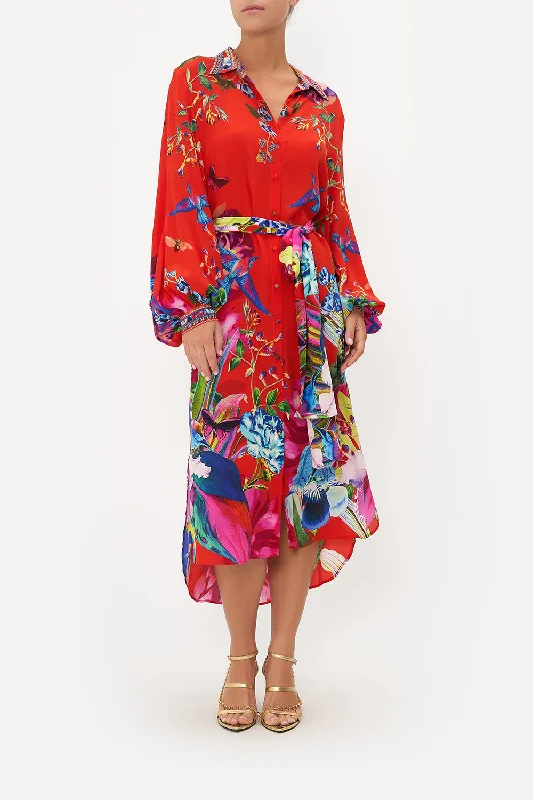 Midi dress with eyelet fabric-HIGH LOW MIDI SHIRT DRESS BIRDS OF A FEATHER