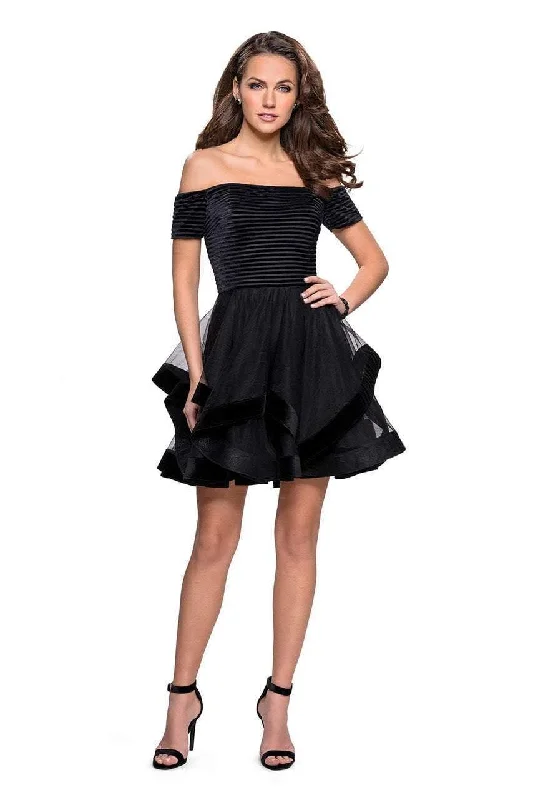 Cocktail dress with halter neck-La Femme Stripe Velvet Off Shoulder Tiered Dress 26751