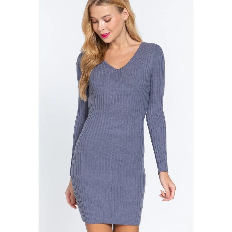 Bold color mini dress-Long Slv VNeck Sweater Mini Dress