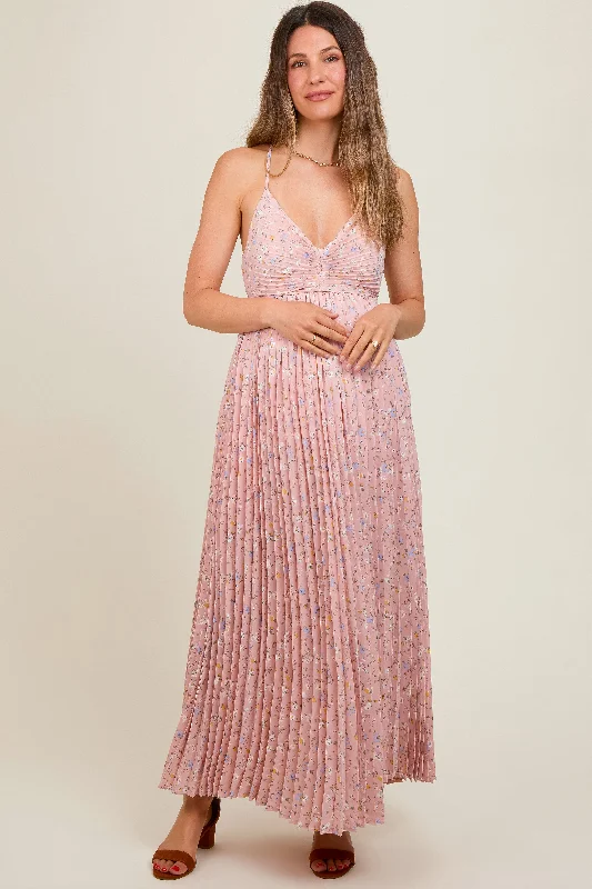 Maxi dress with bell sleeves-Light Pink Floral Pleated Back Cutout Maternity Maxi Dress