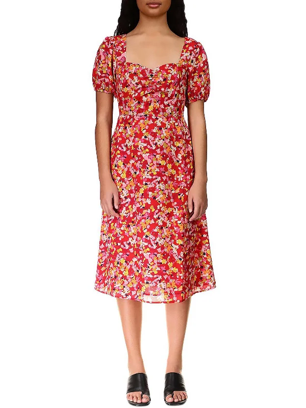 Midi dress with glam touch-Womens Floral Puff Sleeve Midi Dress