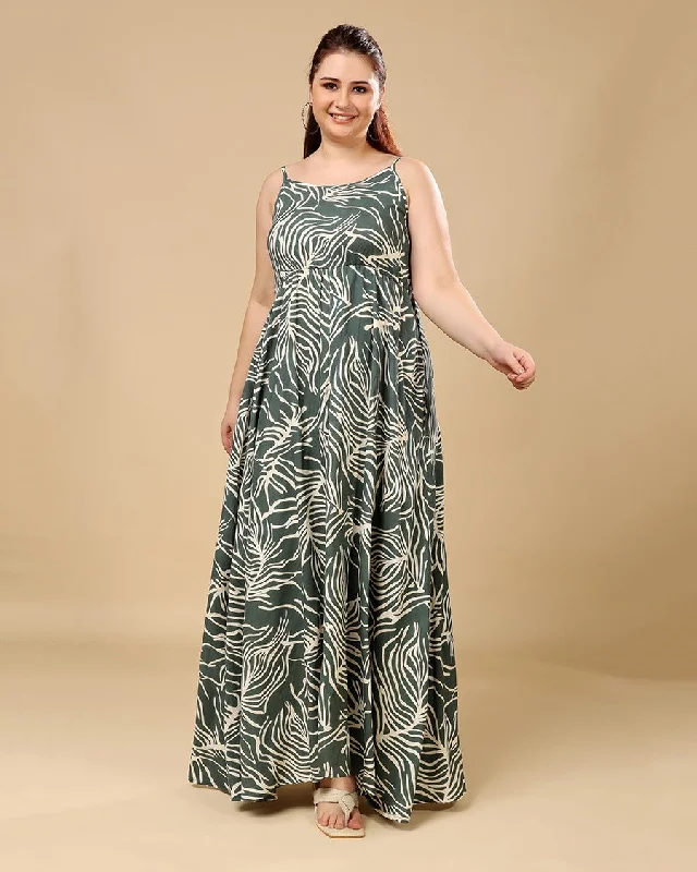 Maxi dress with geometric pattern-Green & White Leaf Printed Maxi Dress