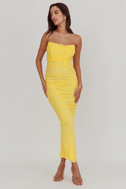 Maxi dress with wrap style-Midwest Strapless Gathered Mesh Maxi Dress Lemon