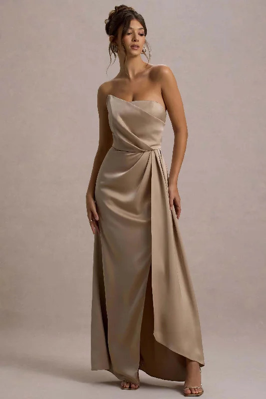 Maxi dress with floral print-Cairo | Champagne Satin Strapless Draped Maxi Dress