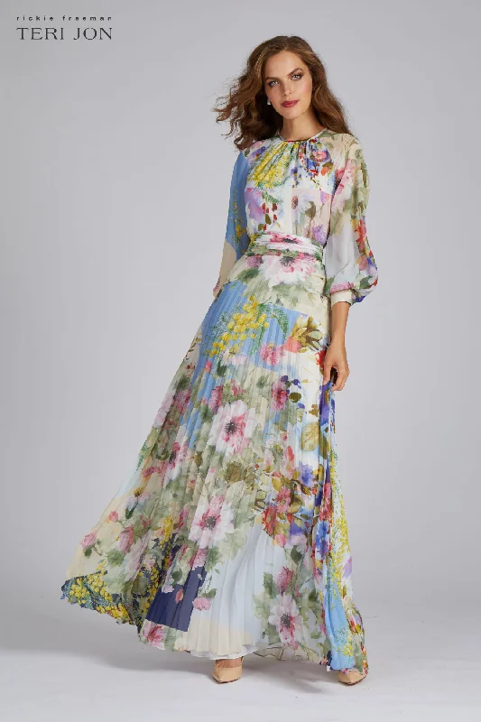 Maxi dress with bow accents-Patchwork Print Pleated Chiffon Maxi Gown