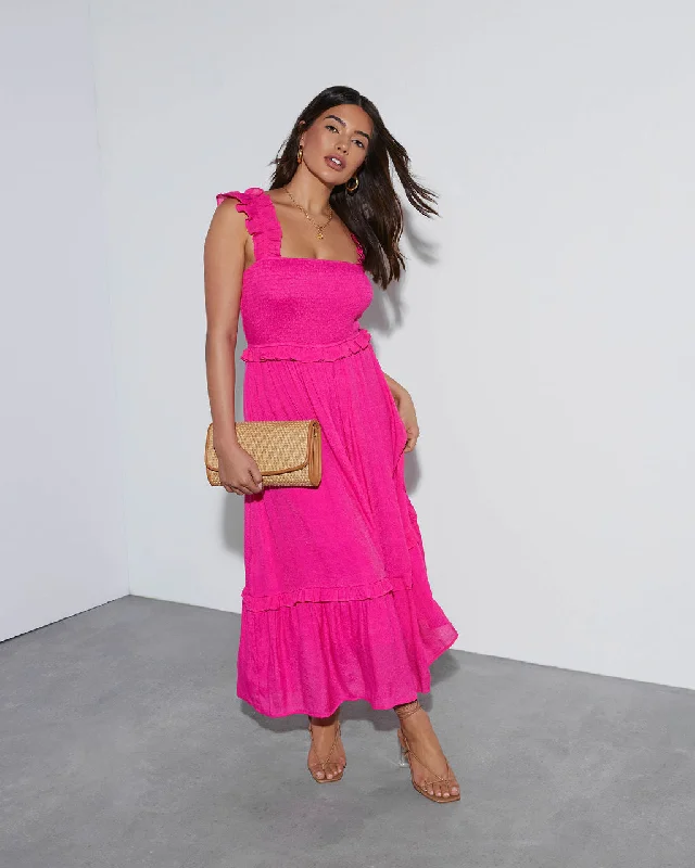 Maxi dress with tulle overlay-Feminine Frills Smocked Maxi Dress