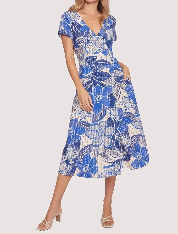 Midi dress with embroidered flowers-Bellflower Midi Dress In Blue Floral