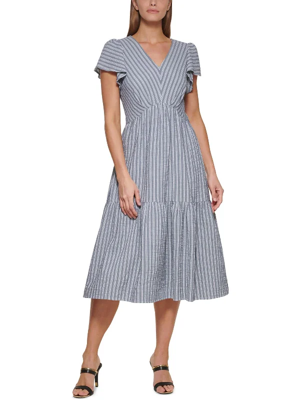 Midi dress with modern design-Womens Tiered V-Neck Midi Dress