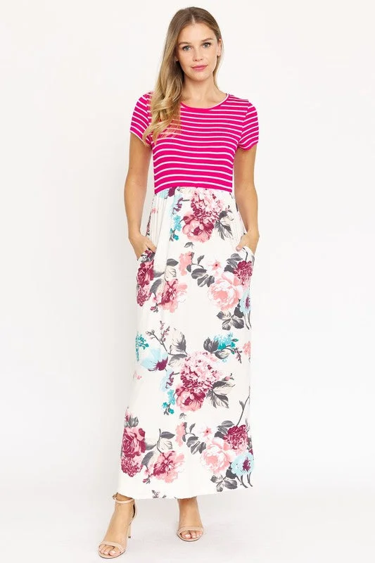 Maxi dress with puffball skirt-Short Sleeve Floral Maxi Dress