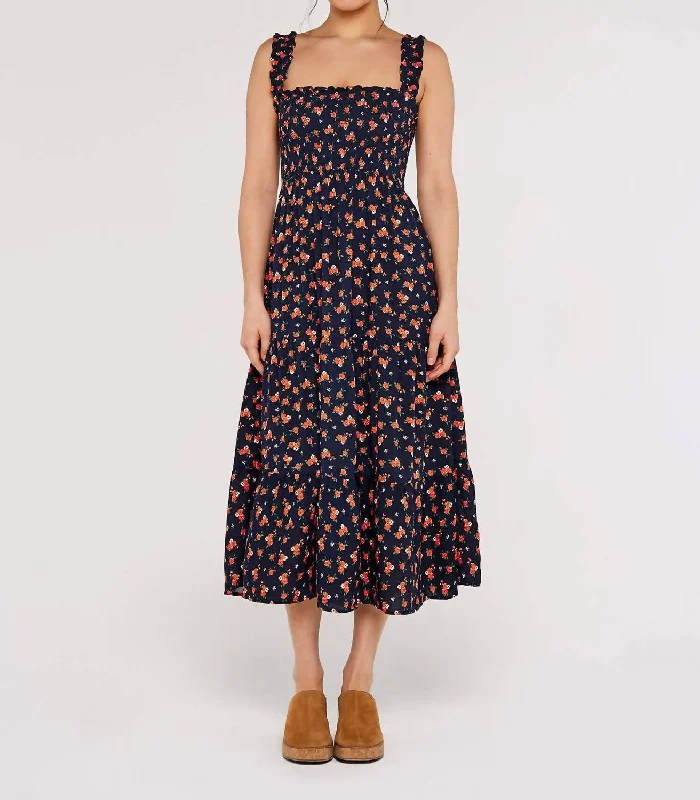 Midi dress with empire waist-Rose Slub Midi Dress In Navy