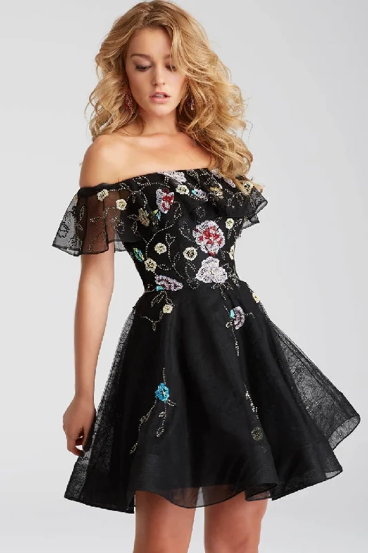 Strapless cocktail dress-Jovani - Ruffled Off-Shoulder Floral Beaded Cocktail Dress 54430SC - 1 pc Black/Multi In Size 6 Available