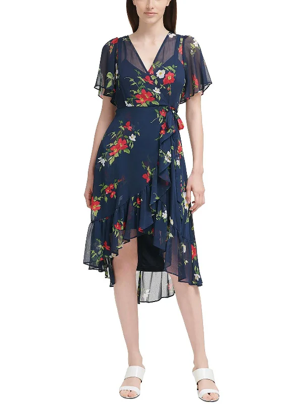 Midi dress with knot front-Petites Womens Floral Printed Faux Wrap Midi Dress