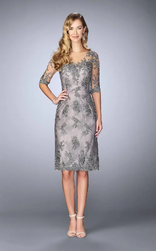 Cocktail dress with tulle-La Femme Appliqued Quarter Sleeve Lace Cocktail Dress 24878 - 1 pc Platinum In Size 6 Available