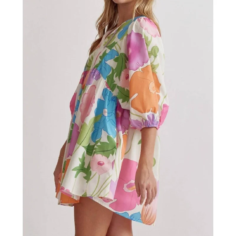 Retro vibe mini dress-Entro - Blossom Burst Vibrant Floral Mini Dress