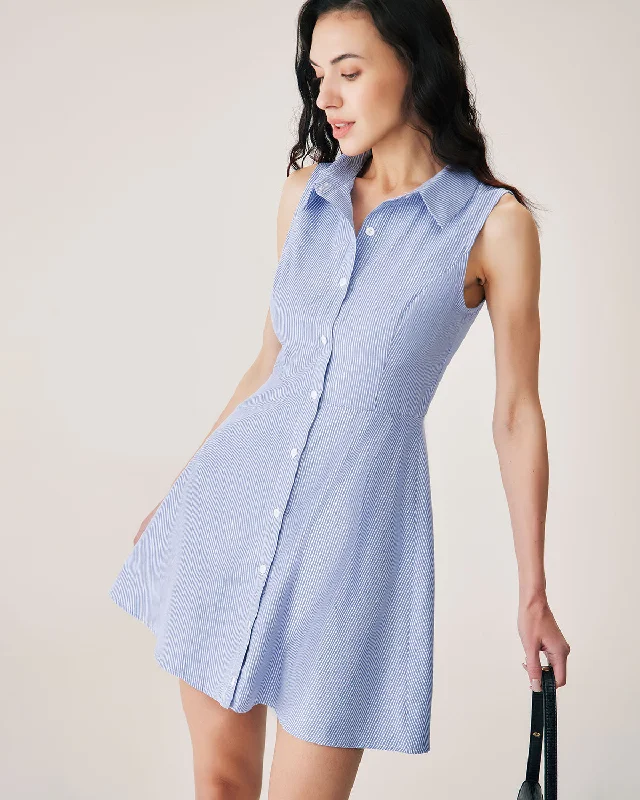 Sheer panel mini dress-Blue Striped Button Mini Dress