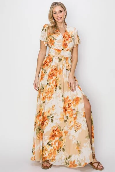 Maxi dress for summer-HYFVE Floral Tie Back Short Sleeve Slit Maxi Dress