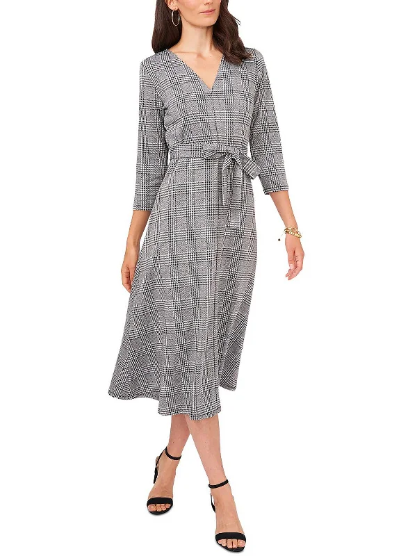 Midi dress with animal print-Petites Womens Glen Plaid V-Neck Midi Dress