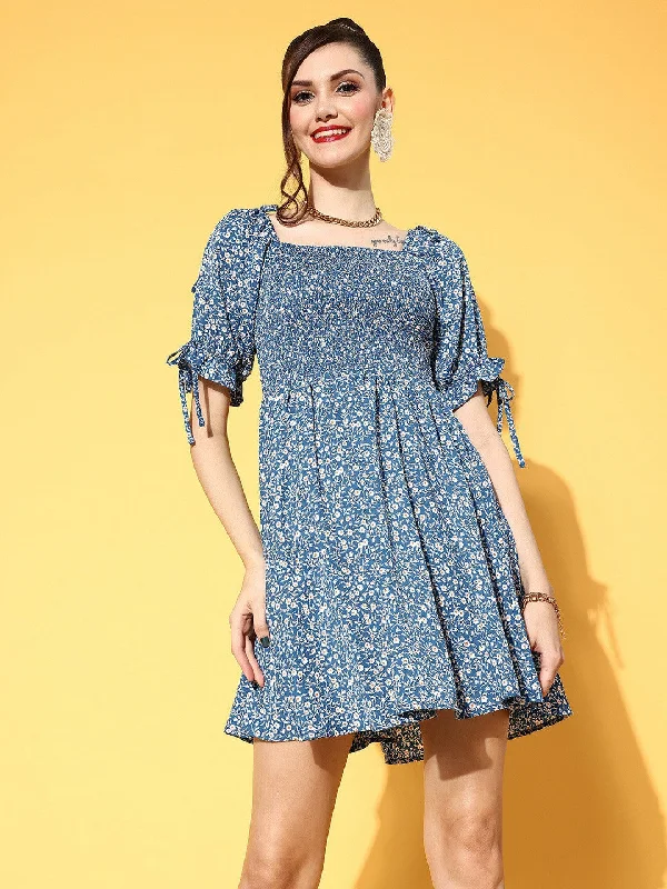 Cool tone mini dress-Berrylush Women Blue & White Floral Printed Square Neck Smocked Back Crepe A-Line Mini Dress